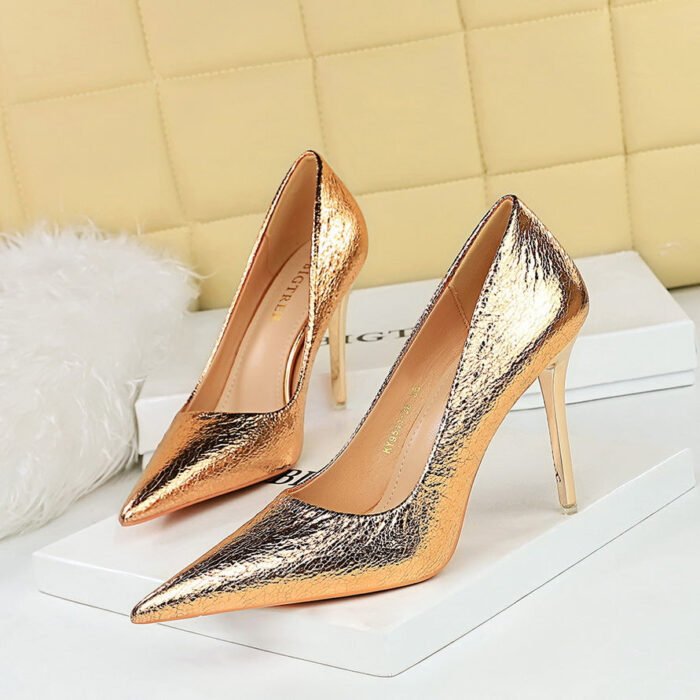 BIG TREE SHOES 9511-38 Retro European American Style Banquet High Heels Women's Shoes Metal Heel High Heel Low-Cut Pointed Sequined Women's Shoes - Image 1