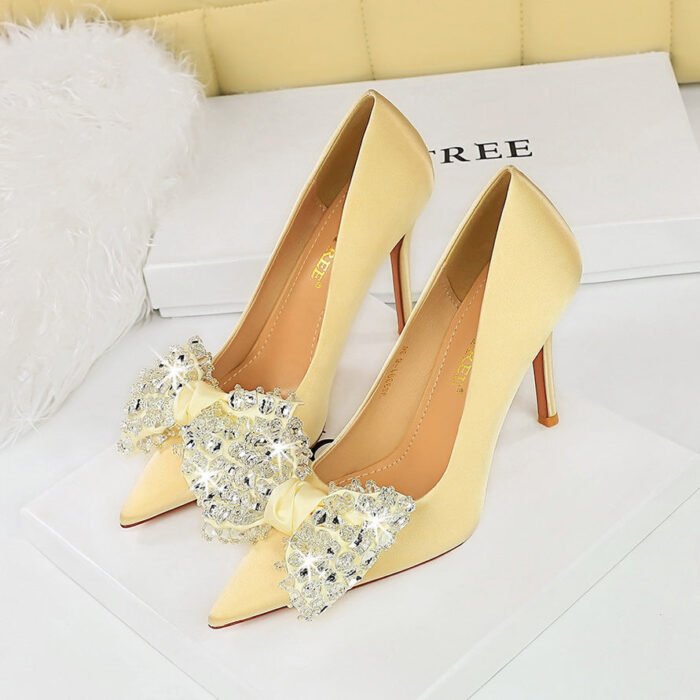 BIG TREE SHOES 3391-2h9 European and American Style Fashion Banquet High Heels Stiletto Heel Satin Shallow Mouth Pointed Toe Rhinestone Bow Pumps Women - Image 4
