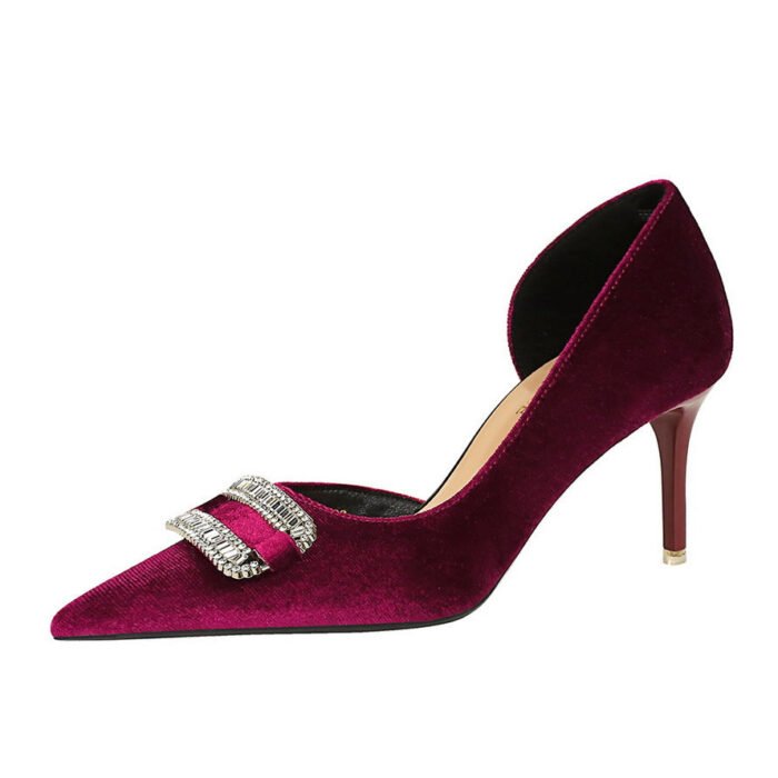BIGTREE SHOES 1363-Ak76 Banquet Women's Shoes High Heel Stiletto Heel Thick Suede Shallow Mouth Pointed Toe Side Hollow Rhinestone Buckle Women's Shoes - Image 5