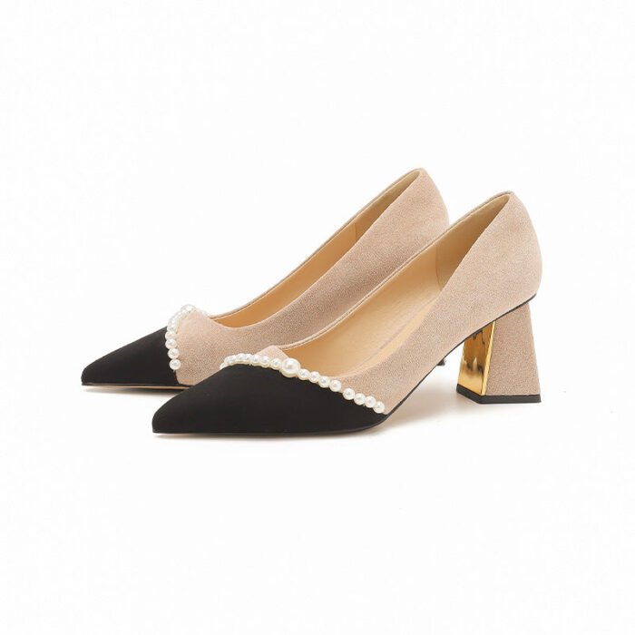 650-80 Color Matching French Retro Gentle Temperament Pointed Classic Style Chunky Heel High Heel Pearl Shoes - Image 2