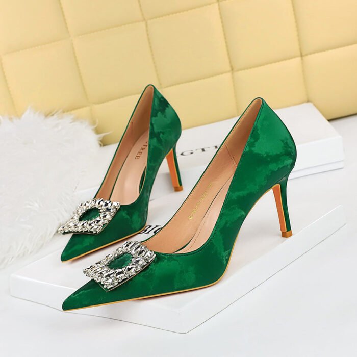 BIG TREE Shoes 18249-A5 European and American Style Banquet Pedicure Skinny Women's Shoes Stiletto Heel Shallow Mouth Pointed-Toe Metal Rhinestone Buckle Pumps - Image 1