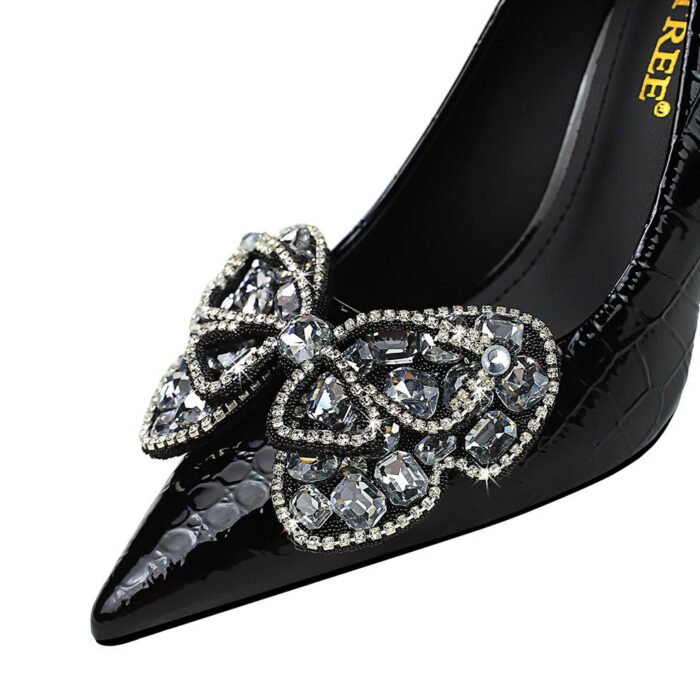 BIG TREE SHOES 3391-H23 Retro European American Style Banquet High Heels Patent Leather Stilettos Shallow Mouth Pointed Toe Rhinestone Bow Pumps Women - Image 4