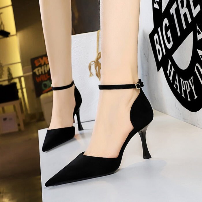 BIGTREE SHOES 8323-7 European and American Style Fashionable Simple Pedicure Slimming Suede Shallow Mouth Pointed-Toe Hollowed Ankle-Strap High Heel Women's Sandals - Image 4