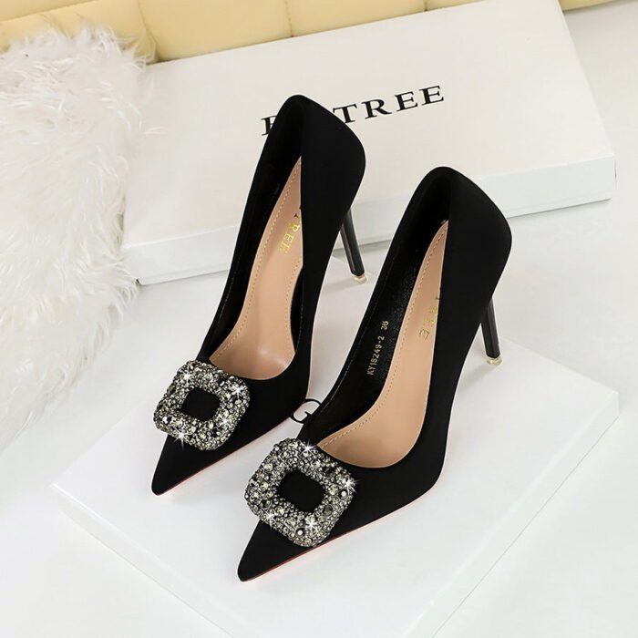 Bigtree Shoes 18249-K83 European and American Banquet High Heels Women's Shoes Satin Shallow Mouth Pointed-Toe Super High Heel Rhinestone Metal Buckle Pumps - Image 2