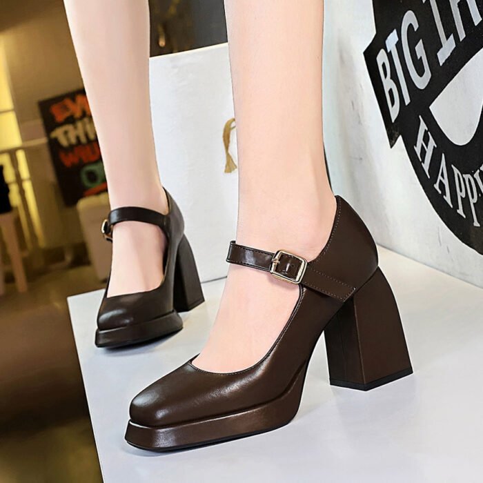 BIGTREE SHOES 9613-1 Retro European and American Style Chunky Heel Square Heel High Heel Waterproof Platform Square Toe Shallow Mouth Belt Buckle Strap Single Shoes for Women - Image 1