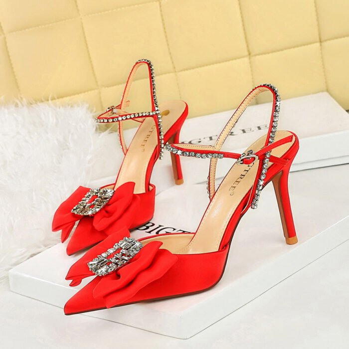 BIGTREE SHOES 221-H32 Korean Style Banquet Summer High Heel Shoes Shallow Mouth Pointed Toe Satin Rhinestone Word with Bowknot Sandals for Women - Image 2
