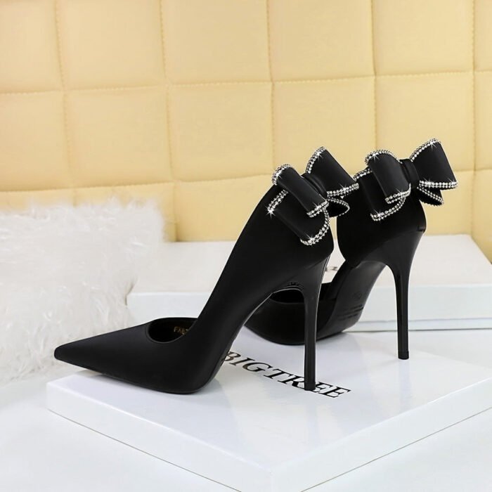 BIG TREE SHOES 626-H36m European and American Banquet High Heels Stiletto Heel Shallow Mouth Pointed Toe Side Hollow Rhinestone Back Bow Pumps - Image 1