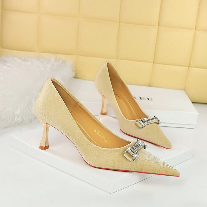 BIGTREE SHOES 1818-K80 Banquet Women's Shoes High Heel Shoes Xishi Suede Shallow Mouth Pointed Toe Rhinestone Buckle Metal Decorative High Heel Pumps - Image 4