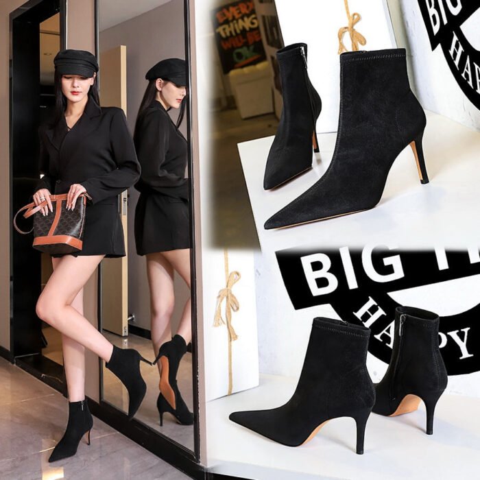 BIG TREE SHOES 9878-2 European and American Simple Sexy Slimming Banquet Female Boots Stiletto Heel Pointed Black Denim Fabric Ankle Boots - Image 3