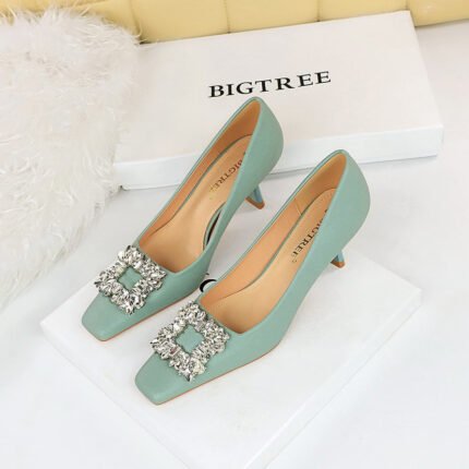 BIG TREE SHOES 6183-K20 Korean Style Women's Shoes Wine Cup Very High Very Low-Cut Square Toe Rhinestone Buckle New Spring and Autumn Shoes Women's High Heels