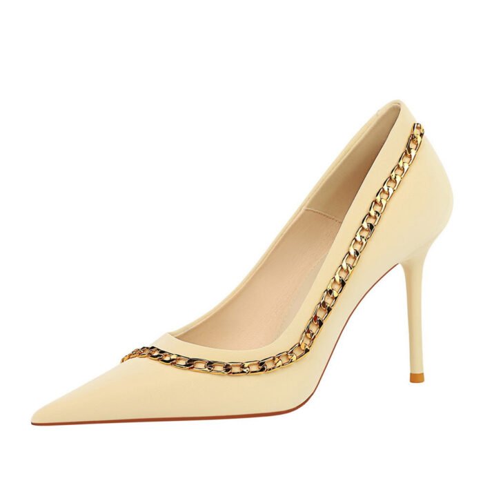 BIG TREE SHOES 3739-2 European and American Sexy Nightclubs Thinner Stiletto Heel Shallow Mouth Pointed-Toe Metal Chain Chain Women's Thin Shoes - Image 4