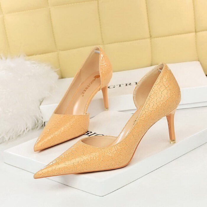 2928-2 retro European and American sexy slim pedicure side hollow thin heel high heel shallow pointed stone pattern women's shoes - Image 8
