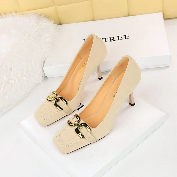 BIG TREE SHOES 7792-6 Vintage European and American Fashionable Figure Flattering Stiletto Heel Low-Cut Square Toe Metal Buckle Decoration Pumps High Heels - Image 4