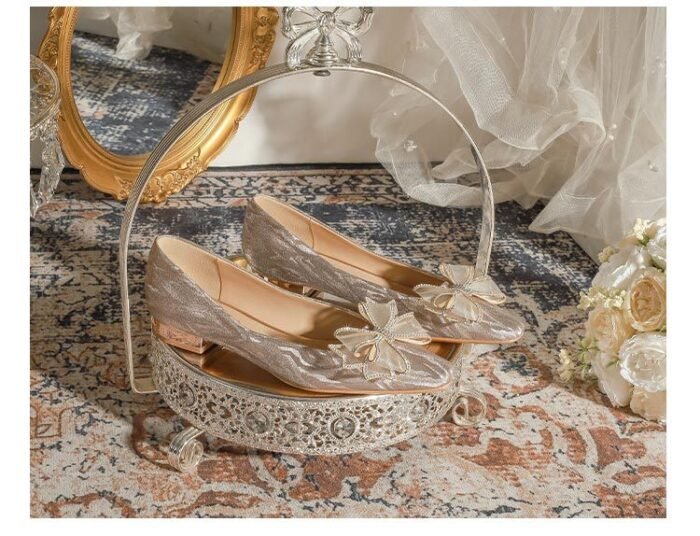 228-51 Champagne Thin and Glittering Bow Crystal Flat Wedding Shoes Female Square Toe Bridal Shoes - Image 13