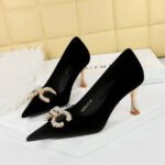 BIG TREE SHOES 1818-K79 Banquet High Heels Korean Style Women's Shoes Xishi Suede Shallow Mouth Pointed-Toe Metal Pearl Rhinestone Buckle Pumps - Image 3