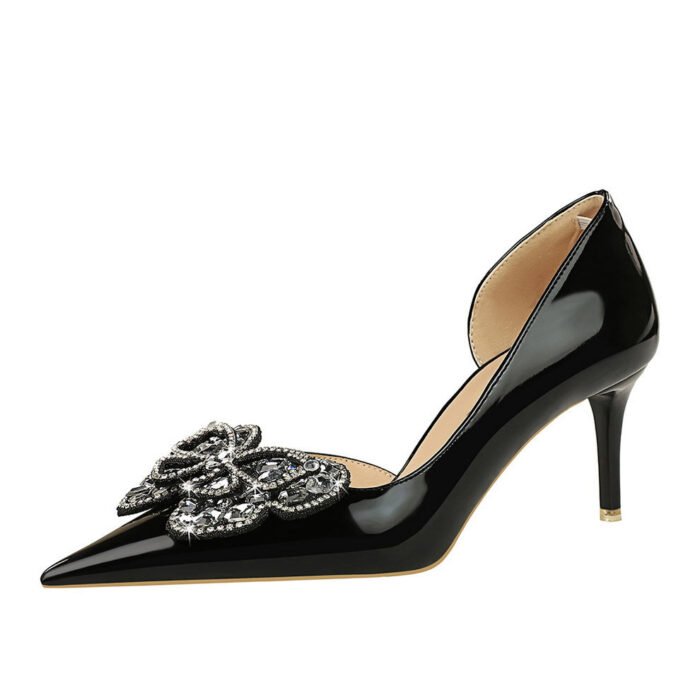 BIG TREE SHOES 638-Ah23 European and American Style Banquet High Heels Stiletto Heel Shallow Mouth Pointed Patent Leather Side Hollow Rhinestone Bow Pumps - Image 5
