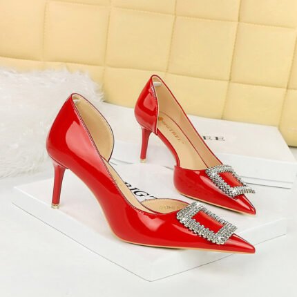 BIGTREE SHOES 638-Ak63 Banquet High Heels Women's Shoes Patent Leather Low-Cut Pointed Toe Side Hollow Square Metal Rhinestone Buckle Pumps Women