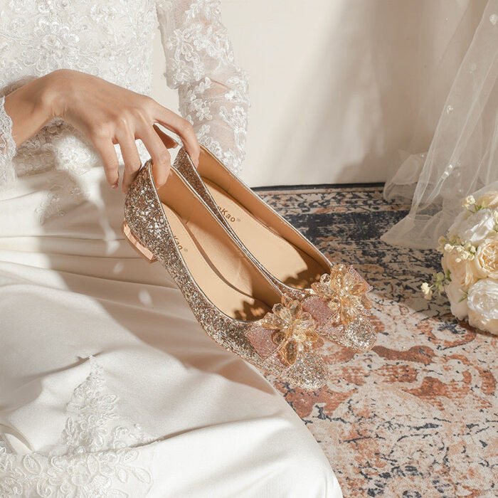 A29-136 French Square Head Gold Flat Low Heel Niche High Sense Bridesmaid Shoes Women - Image 3