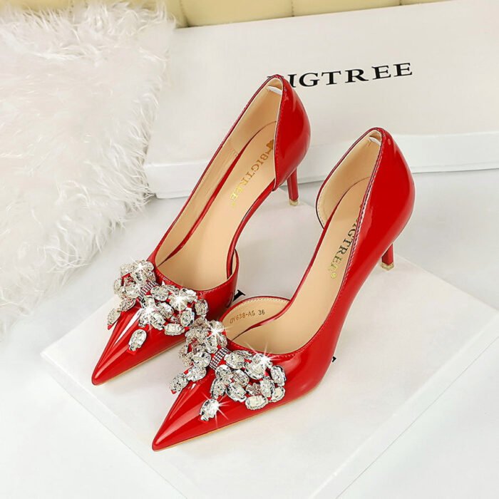 BIG TREE SHOES 638-Ah19 European and American Entry Lux Banquet Women's Shoes High Heel Stiletto Low Mouth Pointed Side Hollow Rhinestone Bow Pumps - Image 1