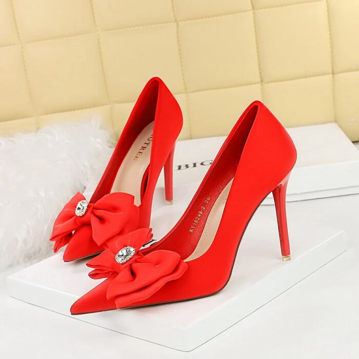 BIGTREE SHOES 18249-h33 Korean Style Fashion Banquet High Heel Stiletto Low Mouth Pointed Toe Rhinestone Bow High Heel Pumps Women - Image 1