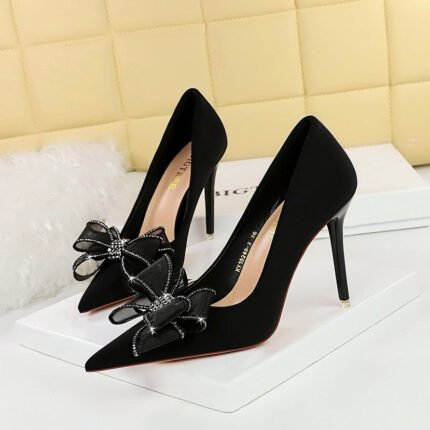 BIGTREE SHOES 18249-h38 European and American Style Banquet High Heels Stiletto Satin Shallow Mouth Pointed Toe Rhinestone Lace Bow Pumps