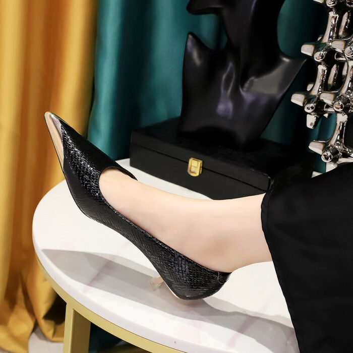 BIGTREE SHOES 237-29 European and American Style Banquet Women's Shoes Mid-Heel Low-Cut Metal Pointed Shining Sequin Cloth Snake Pattern Pumps Women's Shoes - Image 4