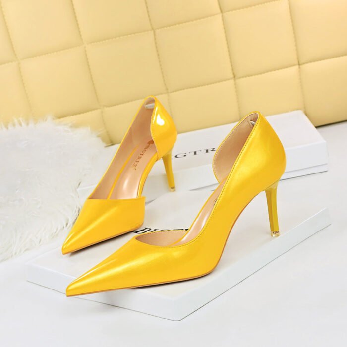 1363-A2 Korean fashion slim banquet fine heel high heel shallow pointed side hollow patent leather women's shoes single shoes high - Image 1