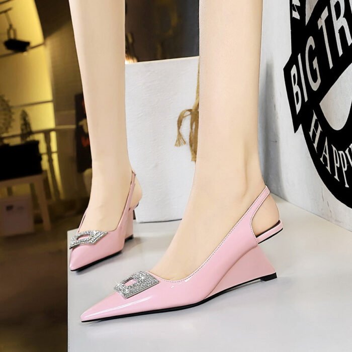 BIGTREE SHOES 1097-k60 European and American Women's Shoes Wedge High Heel Patent Leather Shallow Mouth Pointed Metal Rhinestone Buckle Hollow Back Strap Shoes - Image 4