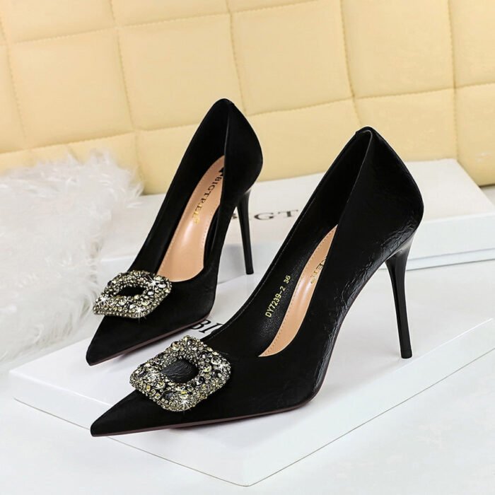 Bigtree Shoes 7239-K83 European and American Style Banquet High Heels Stiletto Low-Cut Pointed-Toe Super High Heel Women's Shoes Metal Rhinestone Buckle Pumps - Image 1