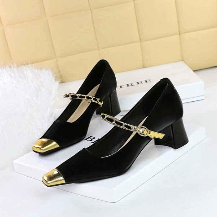 BIGTREE SHOES 5288-7 French Mary Jane Women's Classy Shoes Mid Heel Chunky Heel Low-Cut Color Matching Square Head Metal Chain Ankle-Strap Shoes - Image 1