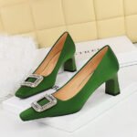 BIGTREE SHOES 6186-k32 European and American Style Banquet Women's Shoes Comfortable Thick Heel High Heel Low-Cut Square Head Satin Metal Rhinestone Buckle Pumps - Image 4