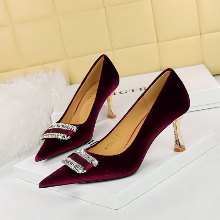 big tree shoes 1818-K76 European and American Style Fashion Banquet Women's Shoes High Heel Low-Cut Pointed Xi Shi Suede Metal Rhinestone Buckle Pumps - Image 1