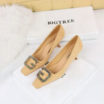 BIGTREE SHOES 6183-k21 European and American Style Banquet Women's Shoes High Heel Suede Square Toe Metal Rhinestone G Buckle Spring and Autumn Women's Shoes - Image 4