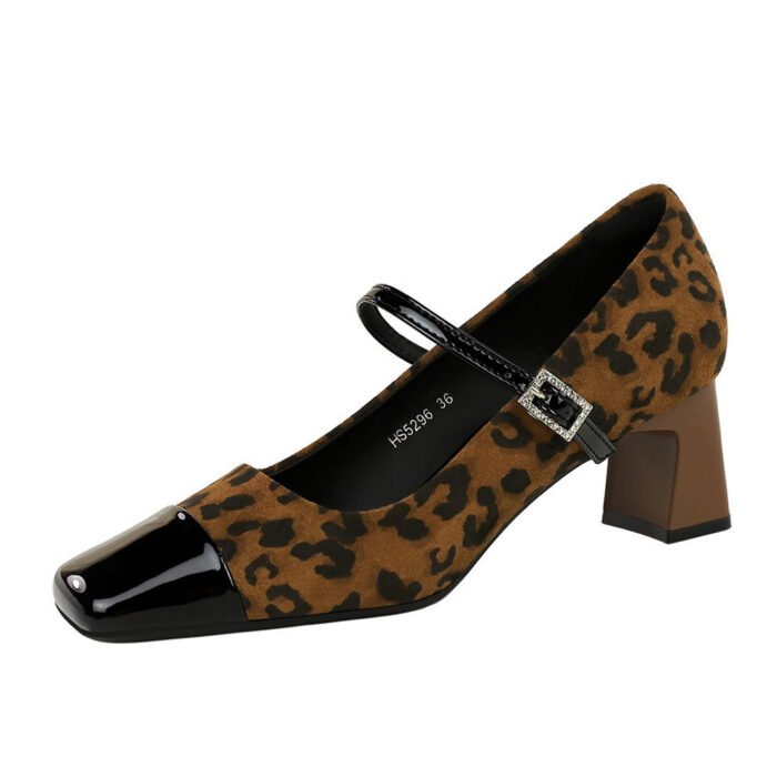 BIGTREE SHOES 5296 European and American Style Women's Shoes, Chunky Heel, Mid Heel, Shallow Mouth, Square Toe, Patchwork, One Strap, Rhinestone Buckle, Suede Leopard Print Single Shoes - Image 5