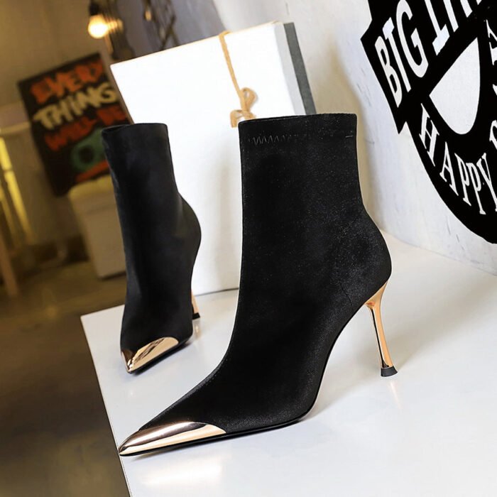BIGTREE SHOES 319-10 European and American Style Banquet Women's Short Boots Super High Heel Stiletto Low-Cut Metal Pointed Xi Shi Suede Short Boots - Image 4