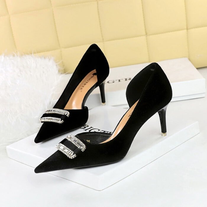 BIGTREE SHOES 1363-Ak76 Banquet Women's Shoes High Heel Stiletto Heel Thick Suede Shallow Mouth Pointed Toe Side Hollow Rhinestone Buckle Women's Shoes - Image 3