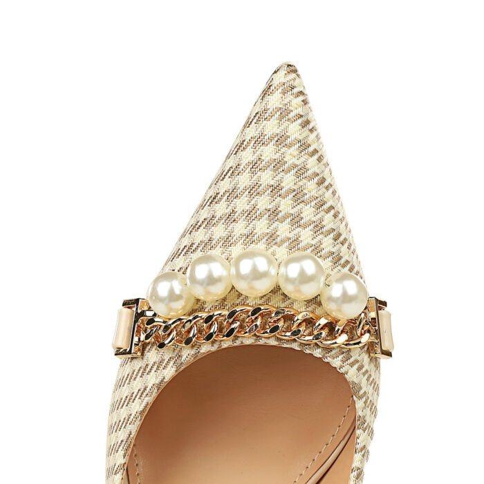 9283-A1 European and American thin-heeled high-heeled shallow-pointed cloth plaid houndstooth metal chain pearl shoes - Image 4
