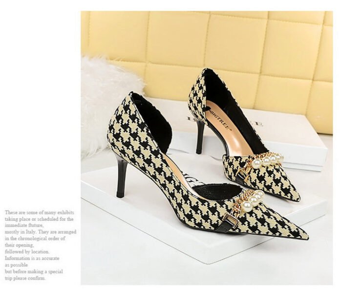 8829-A1 Korean version of high-heeled shallow-mouth pointed side hollow cloth plaid pearl metal chain houndstooth shoes - Image 11