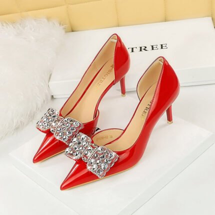 BIG TREE SHOES 638-Ah20 Korean Style Banquet Women's Shoes High Heel Low-Cut Pointed Toe Side Hollow Rhinestone Bow Pumps Women's High Heels
