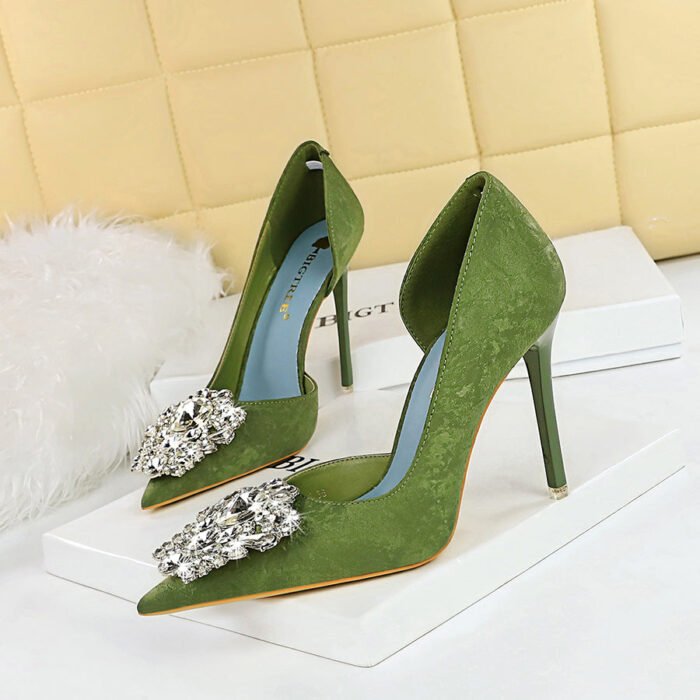 BIG TREE 6168-K11 European and American Style High Heels Banquet Women's Shoes Stiletto Heel Shallow Mouth Pointed Toe Side Hollow Rhinestone Pumps Women - Image 2