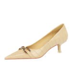 BIG TREE SHOES 237-2 European and American Style Women's Shoes Stiletto Mid-Heel Shallow Mouth Pointed-Toe Retro Stone Pattern Patent Leather Metal Leathern Buckle Shoes - Image 5