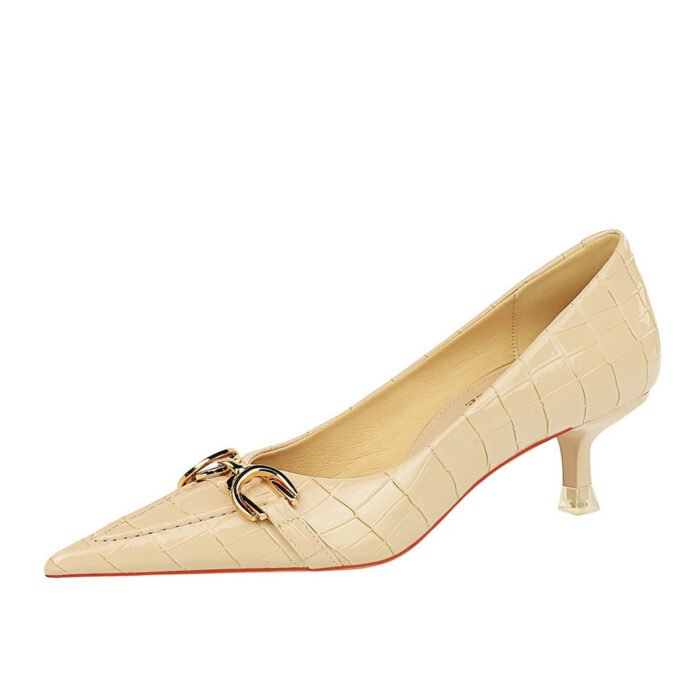 BIG TREE SHOES 237-2 European and American Style Women's Shoes Stiletto Mid-Heel Shallow Mouth Pointed-Toe Retro Stone Pattern Patent Leather Metal Leathern Buckle Shoes - Image 5