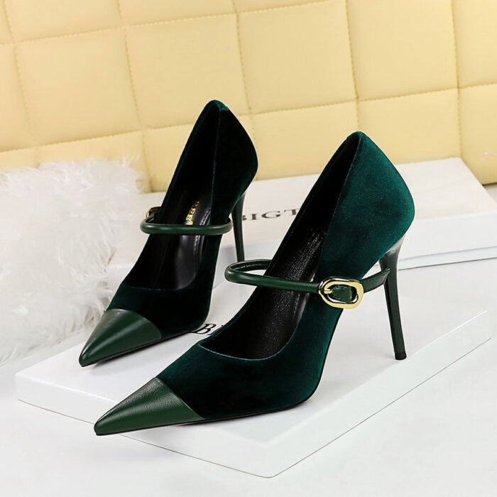 Bigtree Shoes 9116-1 Banquet High Heels Stiletto Heel Shallow Mouth Pointed Xi Shi Suede Stitching Pointed Toe Metal Buckle Ankle-Strap Shoes - Image 4