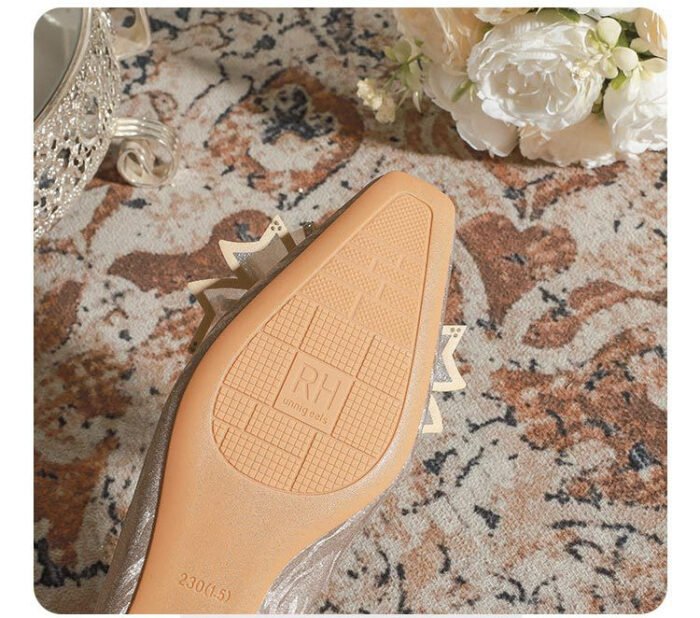 228-51 Champagne Thin and Glittering Bow Crystal Flat Wedding Shoes Female Square Toe Bridal Shoes - Image 9