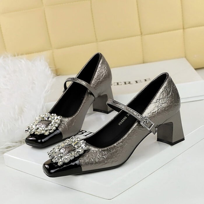 BIGTREE SHOES 5298-K90 Mary Jane Women's Shoes Banquet European and American Style Shallow Mouth Square Toe Color Block Metal Rhinestone Buckle One-Strap Single Shoes - Image 3