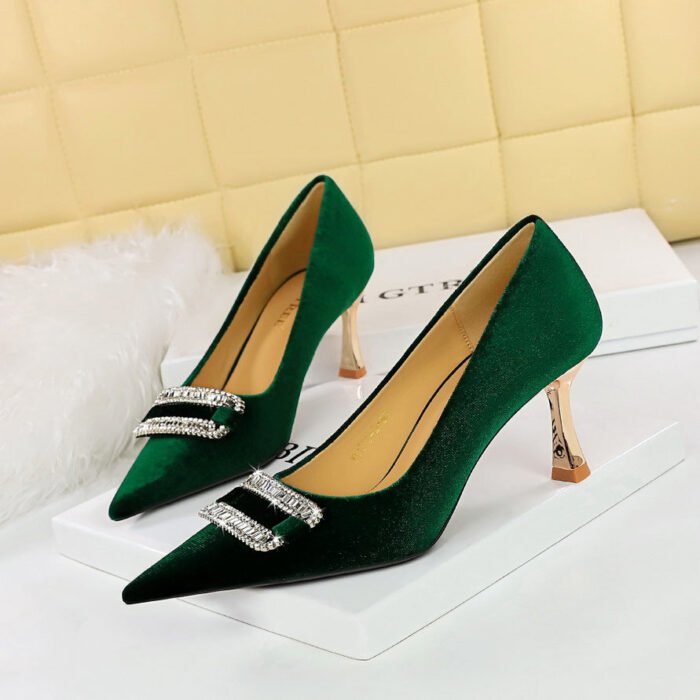 big tree shoes 1818-K76 European and American Style Fashion Banquet Women's Shoes High Heel Low-Cut Pointed Xi Shi Suede Metal Rhinestone Buckle Pumps - Image 2