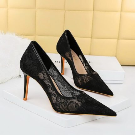 BIG TREE SHOES 1963-1 European and American Banquet Women's Shoes Skinny High Heels Low-Cut Pointed-Toe Stilettos High Heel Mesh Hollow-out Lace Shoes