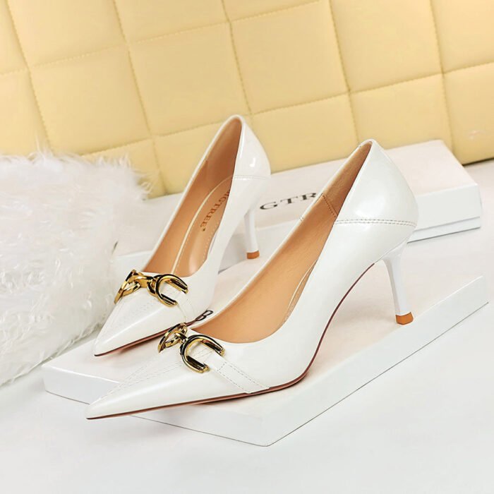 BIG TREE Shoes 6122-A7 Korean Style Fashion Banquet Women's Shoes High Heels Stiletto Heel Shallow Mouth Patent Leather Metal Buckle Decoration Pumps - Image 4