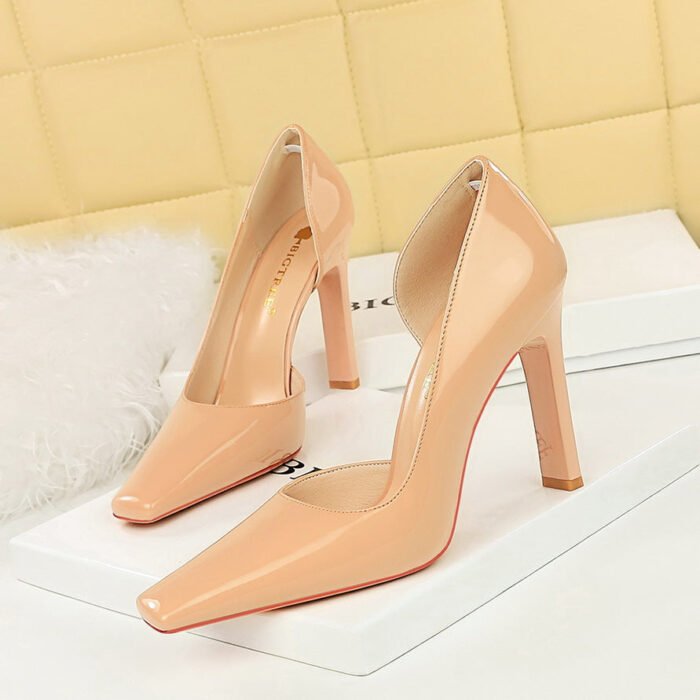 BIG TREE SHOES 3275-1 European and American Style Fashion Simple Banquet Women's Shoes Thick Heel Super High Heel Patent Leather Low-Cut Side Hollow Square Head Pumps - Image 2