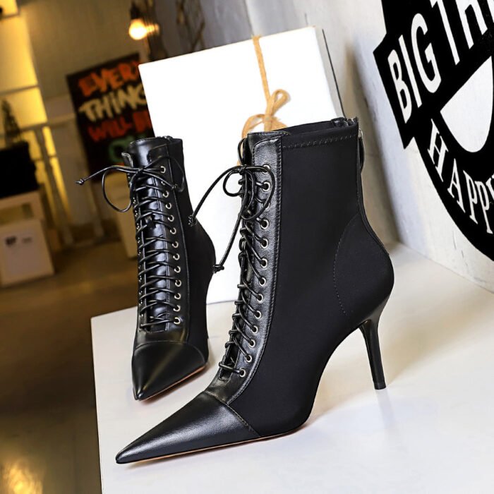 BIG TREE SHOES 1838-1 Korean Fashion Sexy Slimming Female Boots Stiletto Heel Shallow Mouth Pointed-Toe Lace Cross Strap Ankle Boots - Image 3